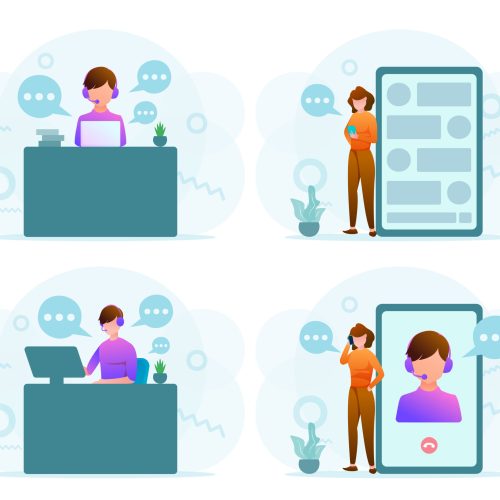 Call Center Operators - Customer Support Communication support phone operator Customer service help desk consultant talking on a hands-free phone.